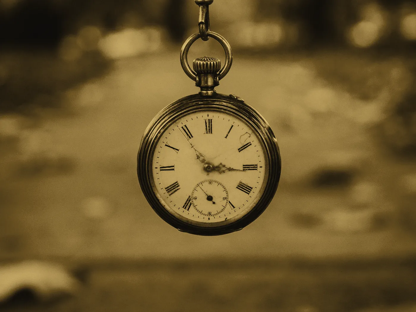 An antique pocket watch with a Roman-numeral dial, subsidiary seconds and visible wear to the case.